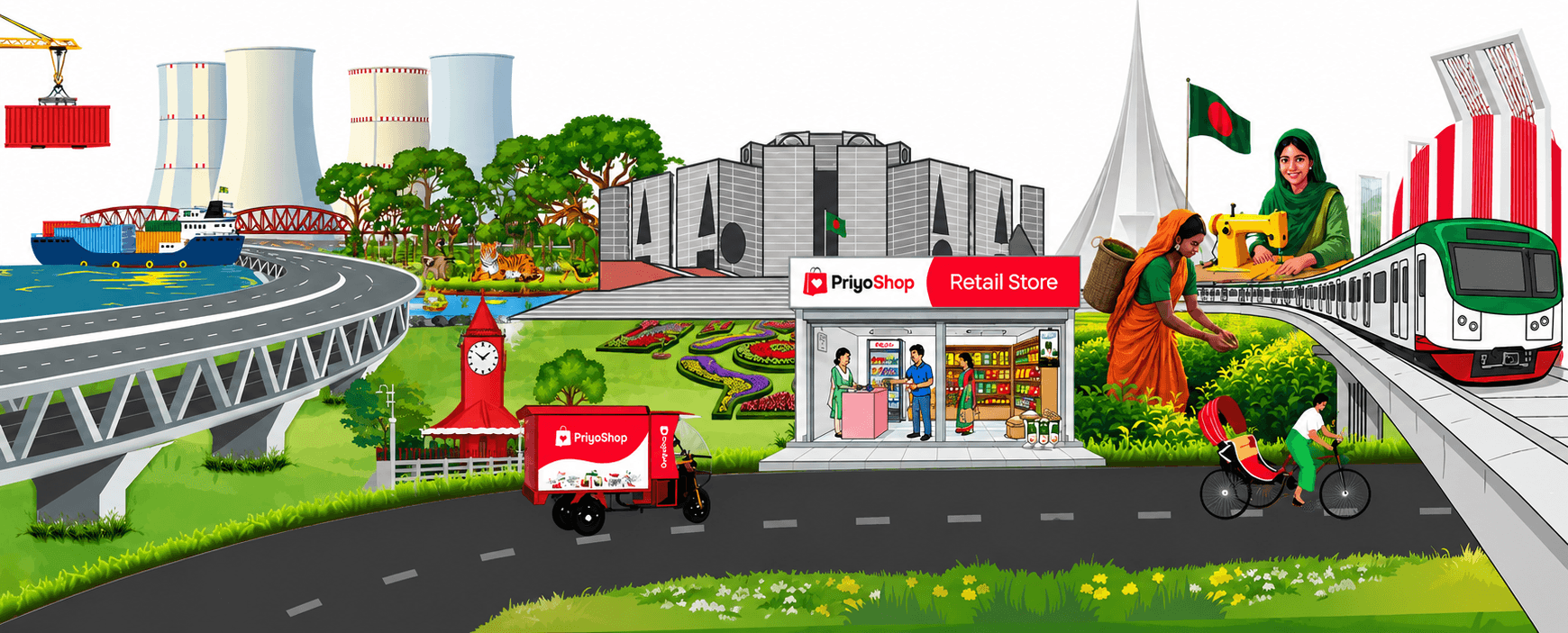 Illustration of Bangladesh landmarks, transport and industries